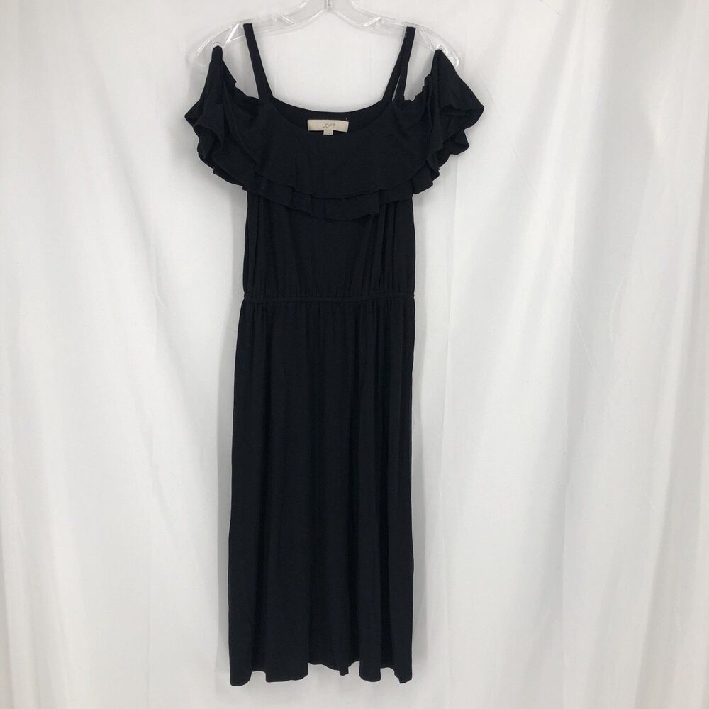 LOFT Black Knit Cold Shoulder Ruffle Dress Gathered Waist Women's Size XS